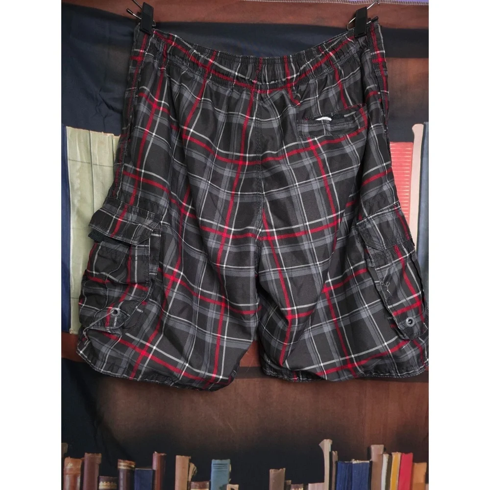 Op Ocean Pacific Men's Plaid Cargo Swim Trunks L Black/Red